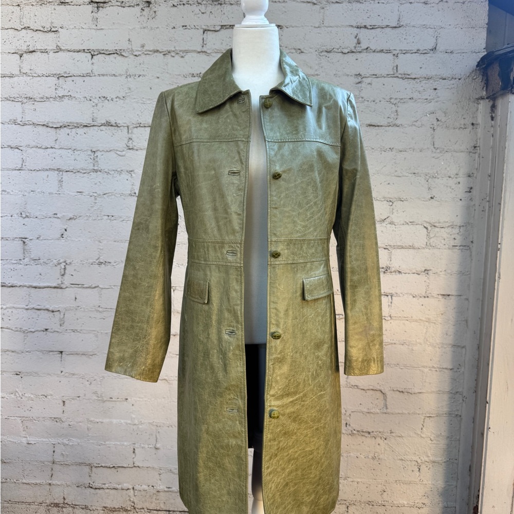 Vintage Pasha & Jo Leather Coat Olive Green Size M - Picture 7 of 14